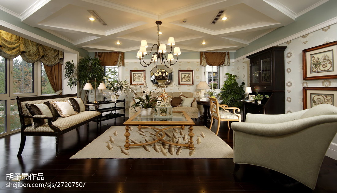 美式田園風格客廳吊頂裝修設計與效果圖賞析